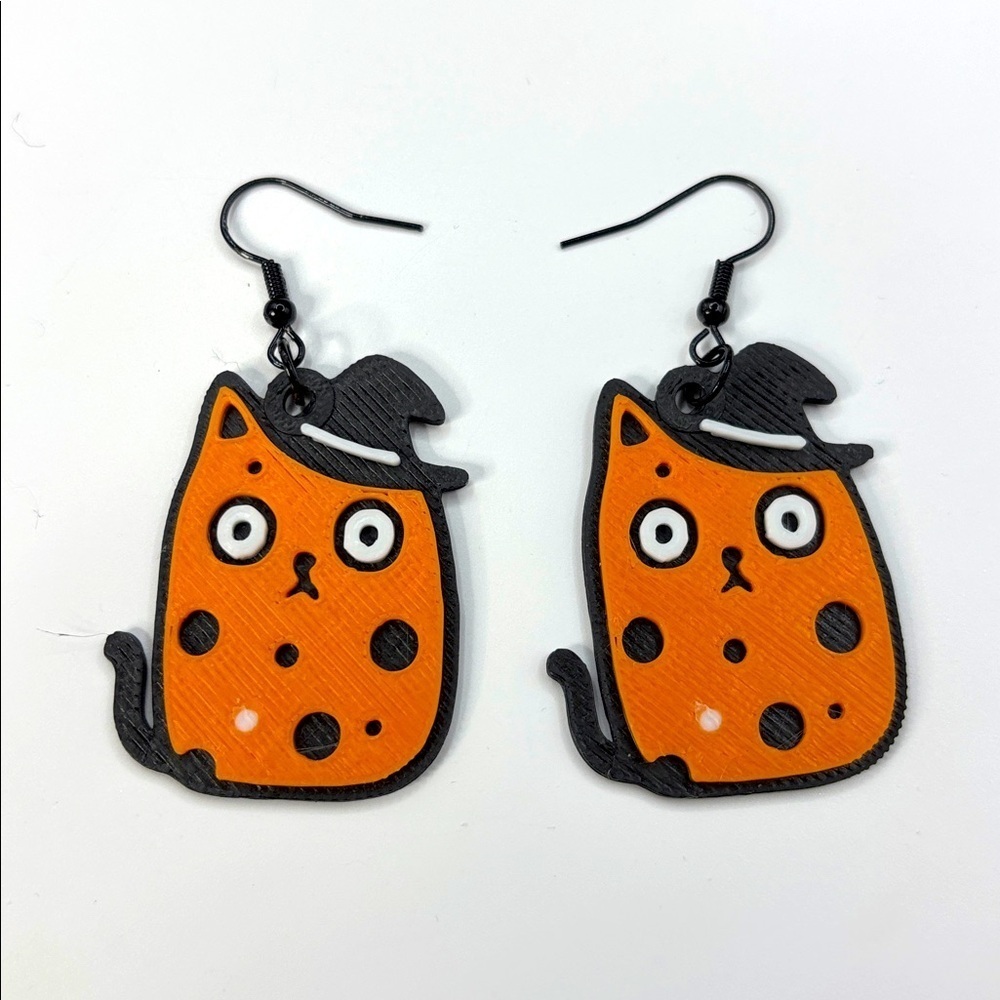 🎃 Black Cat Halloween Earrings – Spooky Orange Cat with Witch Hat Dangles - Picture 4 of 4